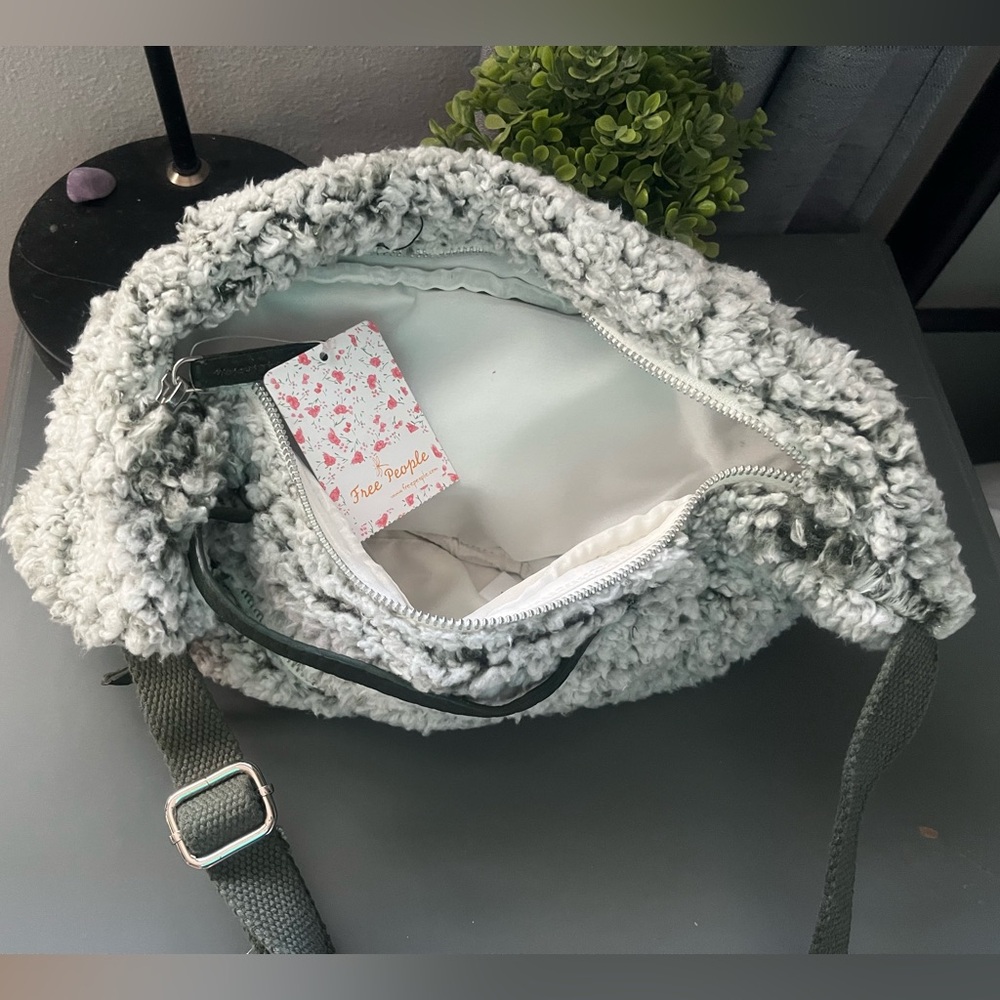 Free People Sling Bag, fleece, gray and dark green, brand new with tags